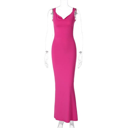 Cowl Neck Sleeveless Bow Back Mermaid Bodycon Maxi Dress