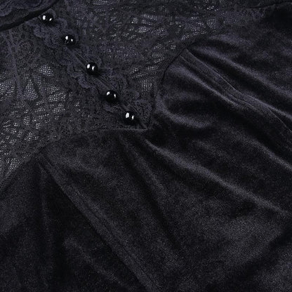 Lace patchwork button short sleeve high neck velvet crop top