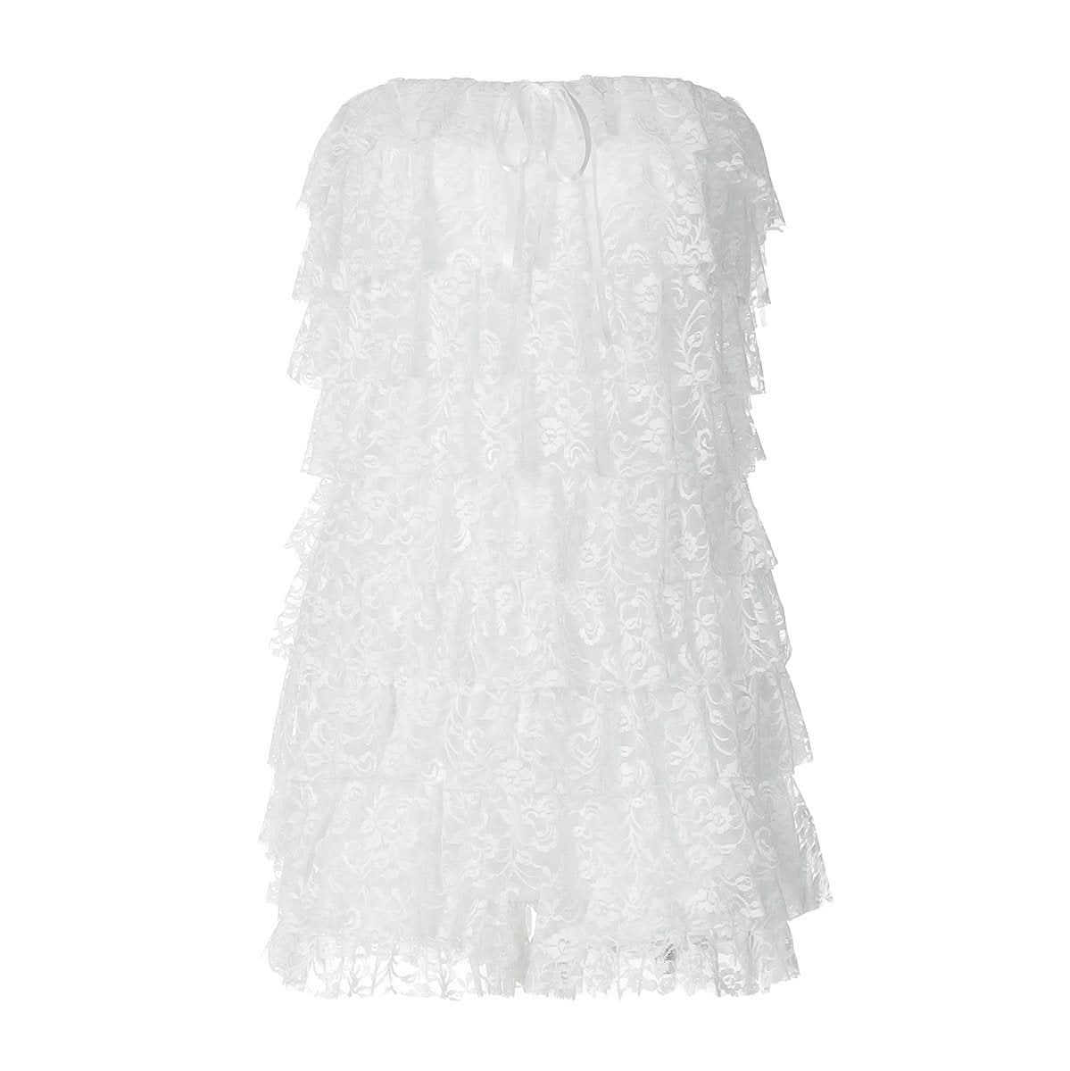 Bowknot lace backless ruffle tube mini dress