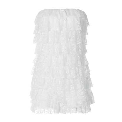 Bowknot lace backless ruffle tube mini dress
