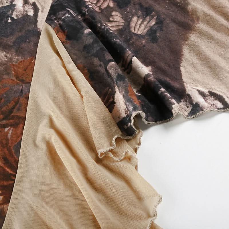 Flower print mesh patchwork ruffle maxi skirt