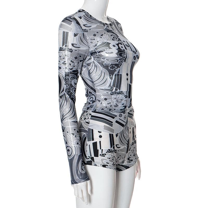 Long sleeve abstract mesh see through pant set