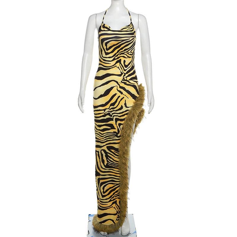 Print Halter Faux Fur Trim Irregular Slit Maxi Dress