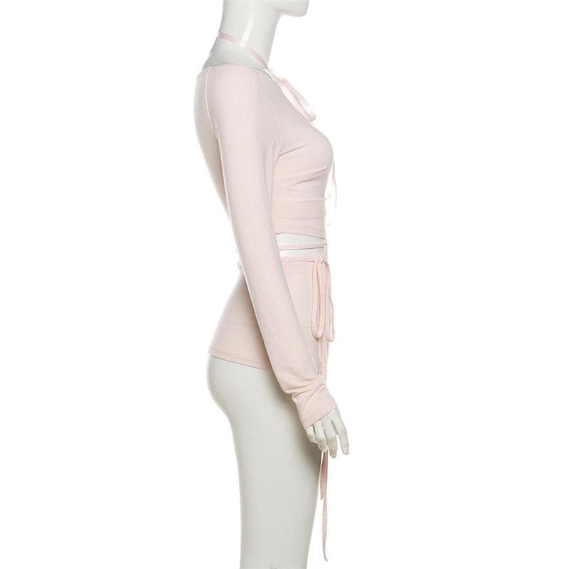 Long sleeve halter ribbon round neck top