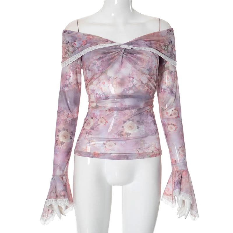 Off shoulder long sleeve flower print lace hem mesh top