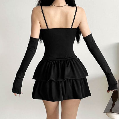 Lace up zip-up ruffle cami mini dress