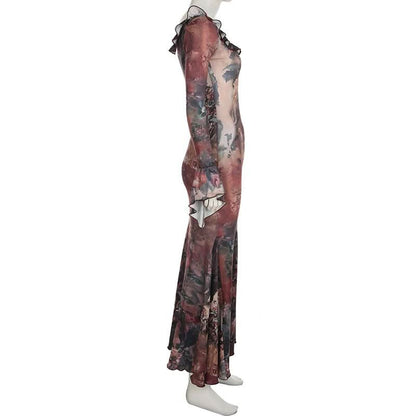 Long flared sleeve abstract print ruffle maxi dress