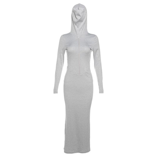 Hoodie long sleeve zip-up ribbed solid maxi dress