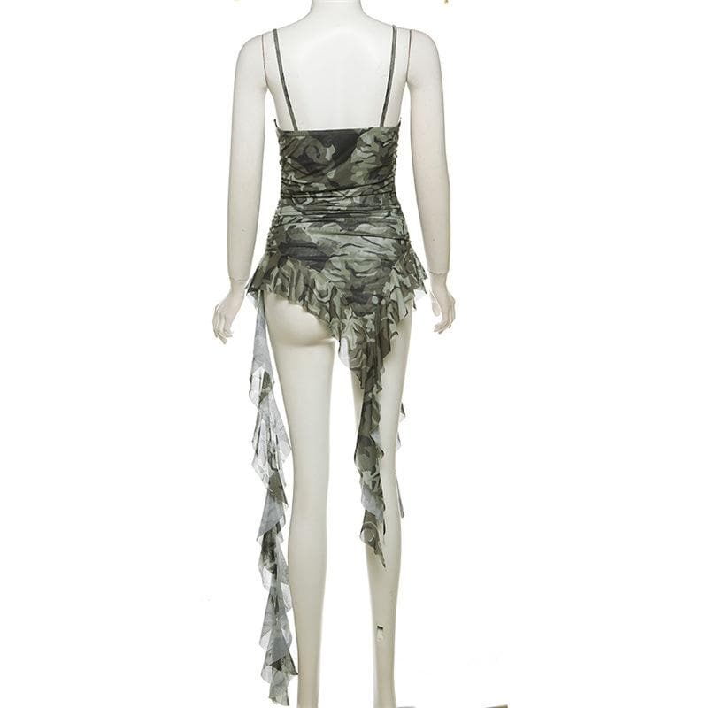 Camouflage ruffle irregular ruched cami top