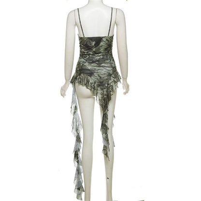 Camouflage ruffle irregular ruched cami top
