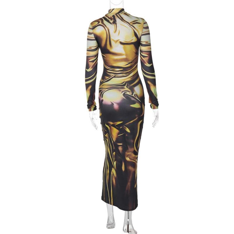 Mock Neck Long Sleeve Abstract Trompe L Oeil Drape Print Bodycon Maxi Dress