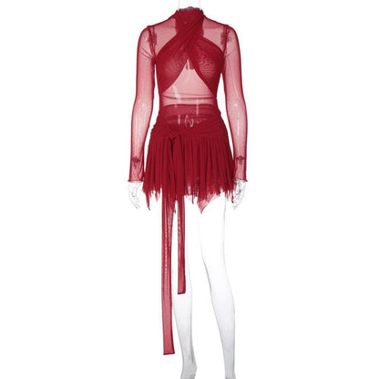 Long sleeve ruffle ruched cross front halter sheer mesh mini dress
