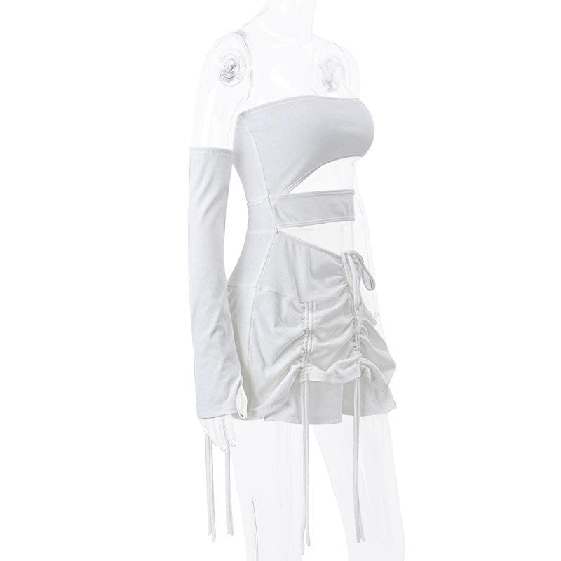 Solid irregular gloves off shoulder drawstring hollow out cut out mini dress