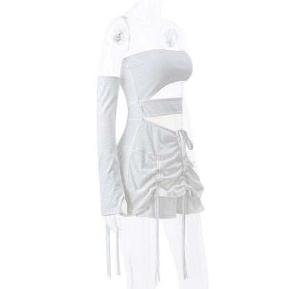 Solid irregular gloves off shoulder drawstring hollow out cut out mini dress