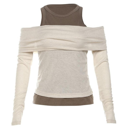 Contrast long sleeve 2-way off shoulder 2 piece top
