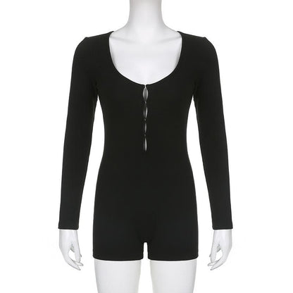 Long sleeve solid button u neck hollow out romper