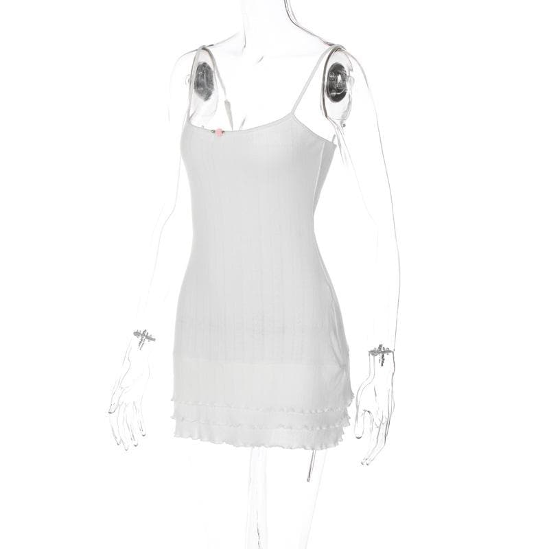 Pointelle Rib Knit Spaghetti Strap Rosebud Applique Tiered Ruffle Mini Dress