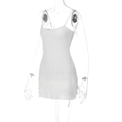 Pointelle Rib Knit Spaghetti Strap Rosebud Applique Tiered Ruffle Mini Dress