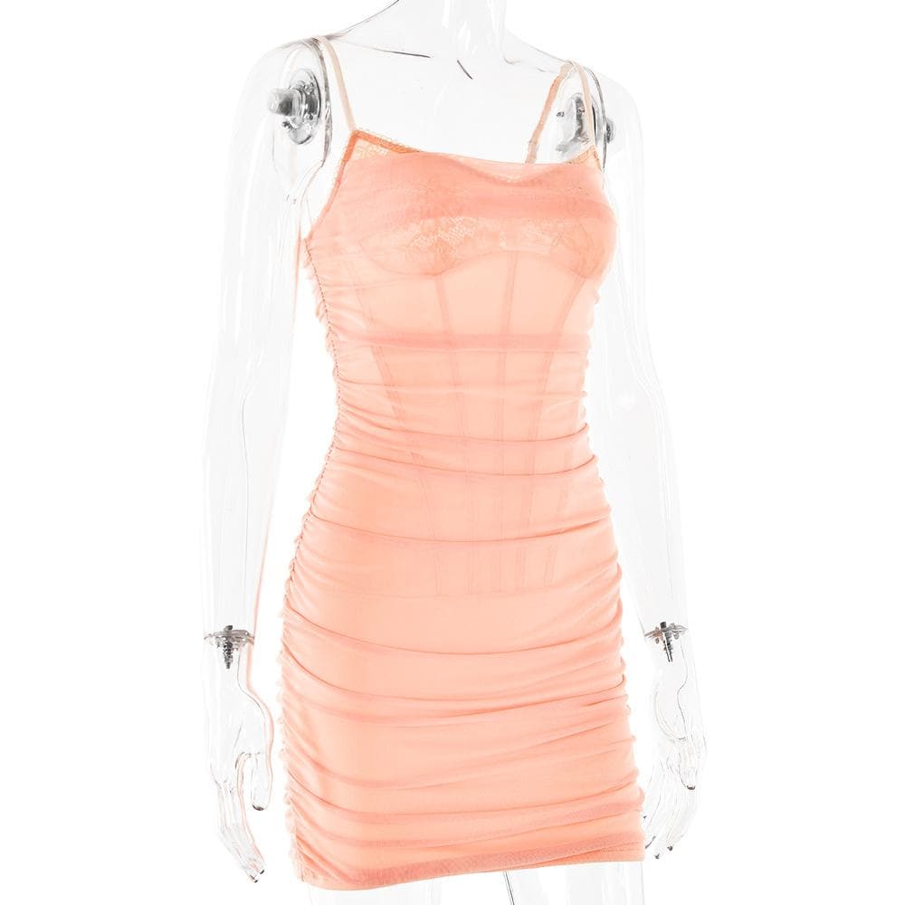 Cowl neck zip-up ruffle cami mini dress