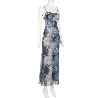 Butterfly print self tie cami maxi dress