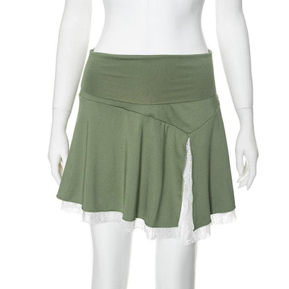 Lace hem slit A line stitch mini skirt