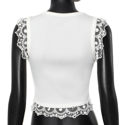 Lace hem ribbed butterfly applique top