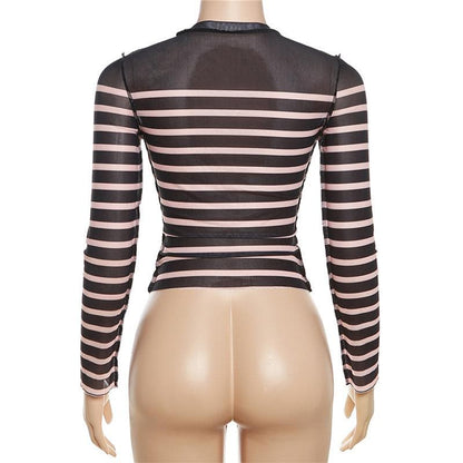 Striped long sleeve contrast sheer mesh see through top