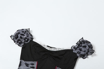Short puff sleeve leopard print lace hem romper