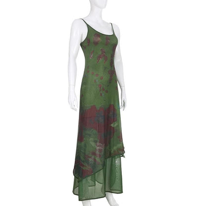 Scoop Neck Spaghetti Strap Mesh Overlay Abstract Floral Print Midi Dress