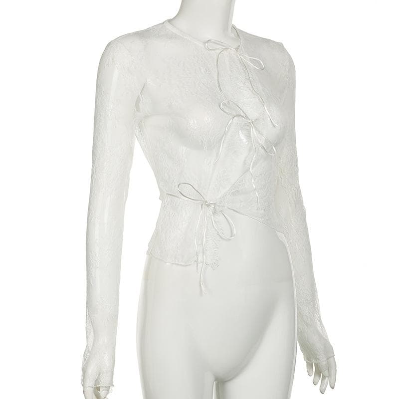 Long sleeve lace see through self tie top
