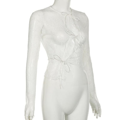 Long sleeve lace see through self tie top