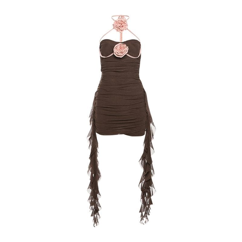Halter self tie ruched flower applique backless mini dress