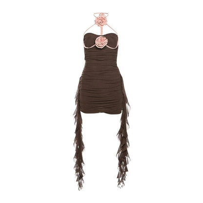 Halter self tie ruched flower applique backless mini dress