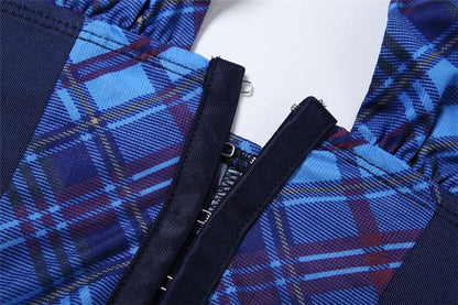 Halter button plaid print lace up top