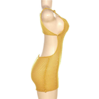 Knitted hollow out backless solid romper
