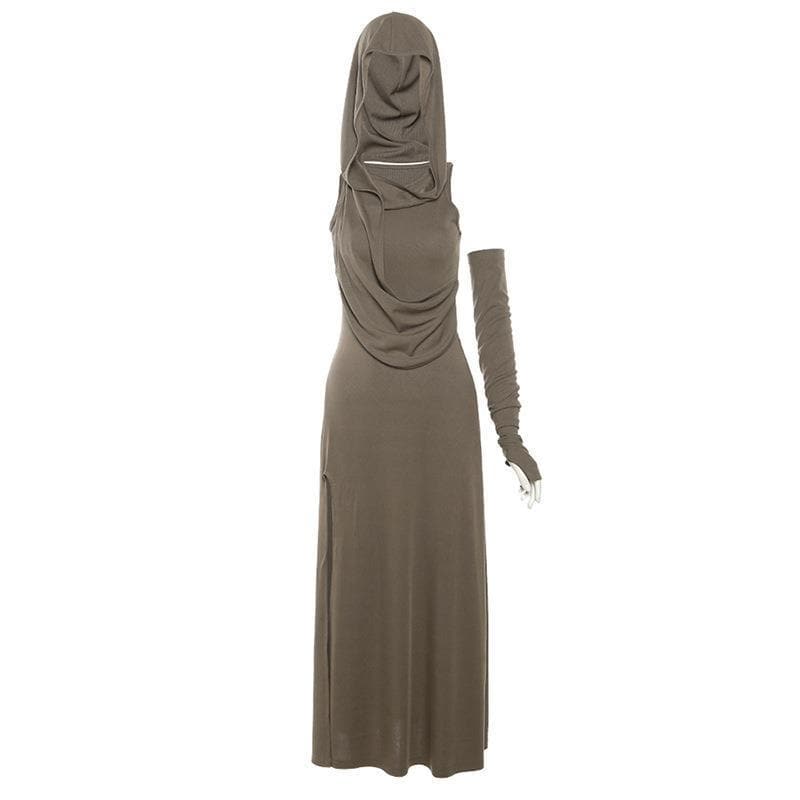 Hooded Ruched Diagonal Drape Detached Sleeve Slit Maxi Dress