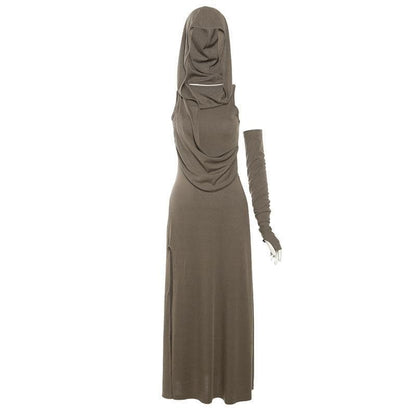 Hooded Ruched Diagonal Drape Detached Sleeve Slit Maxi Dress