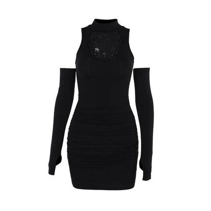 High neck ruched gloves cross pattern mini dress