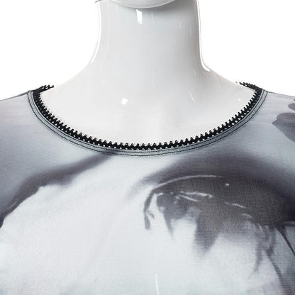 Round neck sheer mesh print long sleeve crop top