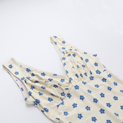 V neck sleeveless ruched flower print mini dress