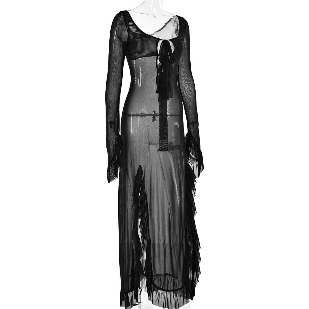 Long flared sleeve sheer mesh ruffle slit maxi dress