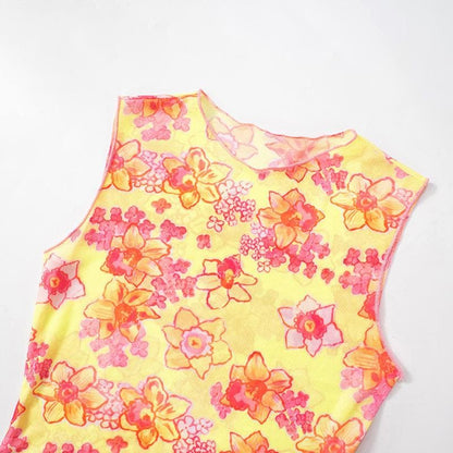 Sleeveless flower print sheer mesh crop top