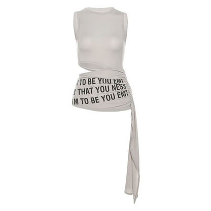 Hollow out crewneck ruched letter print sleeveless cut out top
