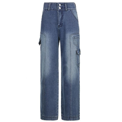High rise straight leg button gradient pocket jeans