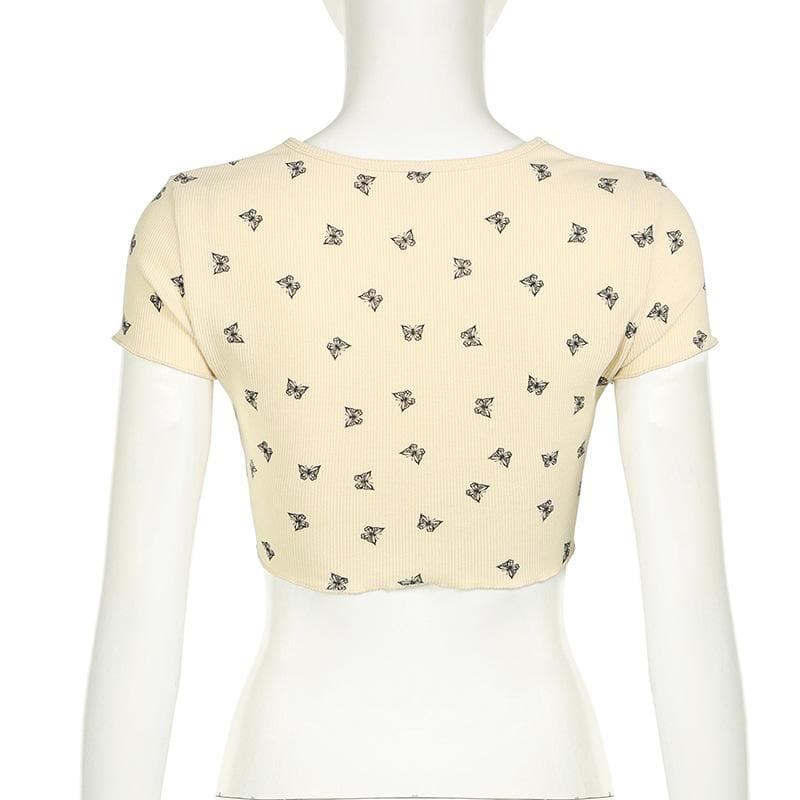 Short sleeve cat print ruffle crop top