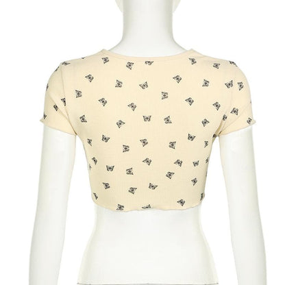 Short sleeve cat print ruffle crop top