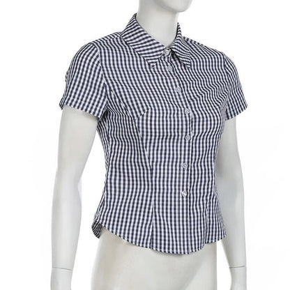 Turnover collar short sleeve plaid print button top
