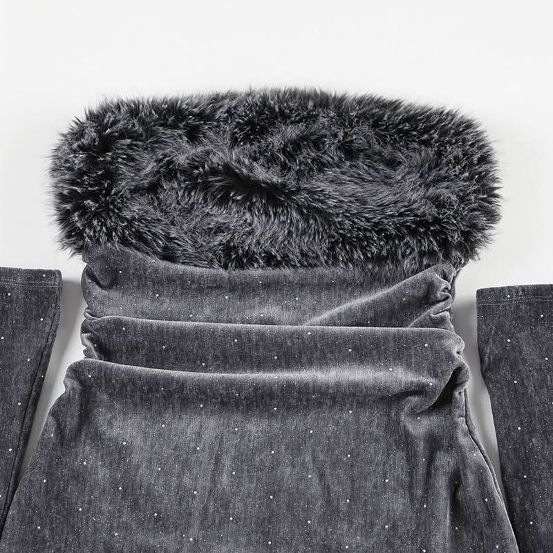 Fluffy gloves beaded tube mini dress