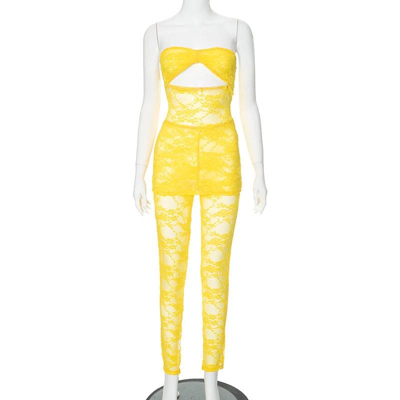 Lace hollow out ruched see through tube pant set