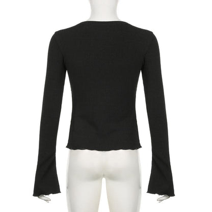 Long flared sleeve crewneck ribbed ruffle solid top